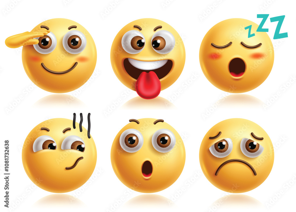 Salute emoji vector characters set. Hand salute emojis 3d icon clip art character with goofy, crazy, tired, sleepy, confused and sad facial expression yellow graphic elements. Vector illustration Salute emoji vector characters set. Hand salute emojis 3d icon clip art character with goofy, crazy, tired, sleepy, confused and sad facial expression yellow graphic elements. Vector illustration