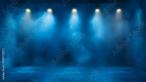 3D Digital Rendering of a Smoky Blue Room with Four Spotlights Illuminating a Brick Wall Background