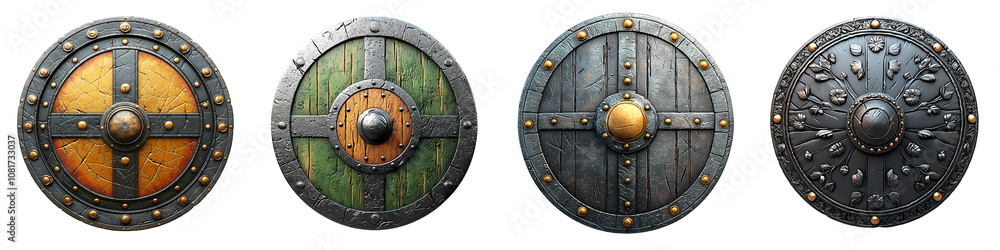 ancient shield with battle scars 3D illustration intricate engravings isolated on white and transparent background ancient shield with battle scars 3D illustration intricate engravings isolated on white and transparent background