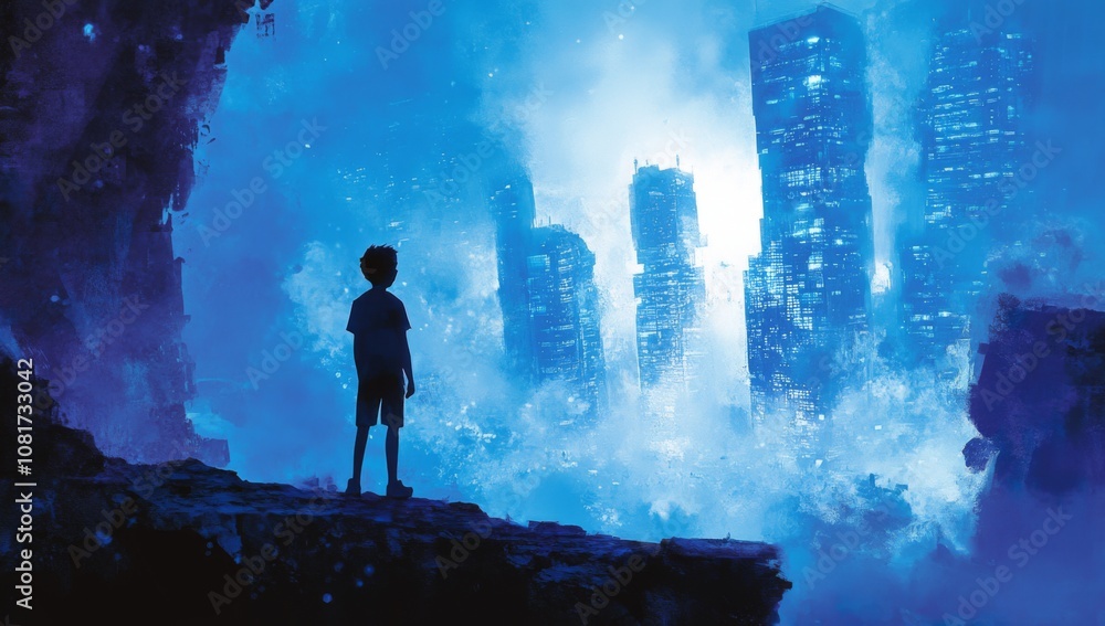 boy stands on the edge of abandoned futuristic city, gazing at distant skyscrapers boy stands on the edge of abandoned futuristic city, gazing at distant skyscrapers