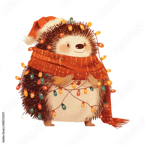 Christmas greeting card with cute cartoon hedgehog and christmas wreath