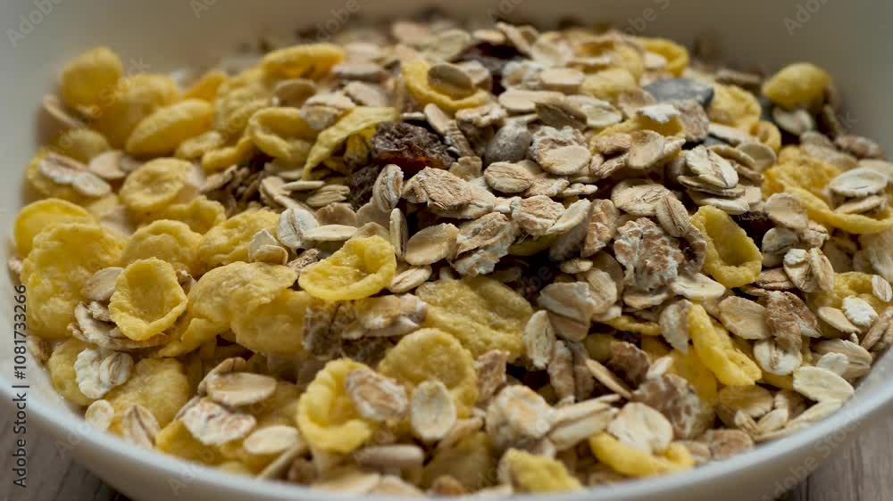 Sprinkle natural granola and cornflakes with pumpkin and sunflower seeds into a bowl with cream or yogurt for a nutritious healthy breakfast. Vegetarian food and diet for a slim body. Sprinkle natural granola and cornflakes with pumpkin and sunflower seeds into a bowl with cream or yogurt for a nutritious healthy breakfast. Vegetarian food and diet for a slim body.
