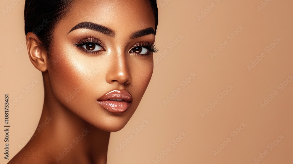 Portrait of a beautiful Black woman with perfect makeup and shiny lips, against a neutral background. Beauty fashion model posing for a cosmetic ad banner. Portrait of a beautiful Black woman with perfect makeup and shiny lips, against a neutral background. Beauty fashion model posing for a cosmetic ad banner.