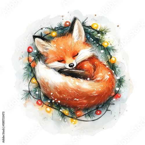 Christmas greeting card with cute cartoon fox and christmas wreath. 