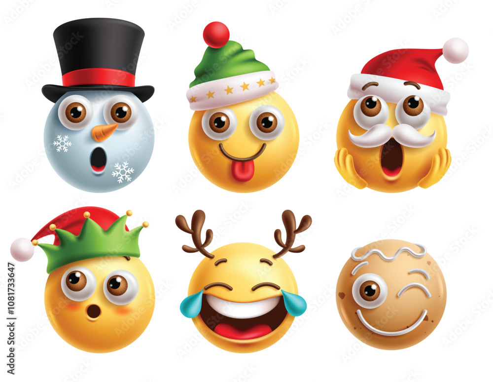Fototapeta premium Christmas emoji characters vector set. Emoji christmas clip art character in amaze, naughty, wow, surprise, shy, blush, cry and happy facial expression. Vector illustration xmas emoticons collection. 