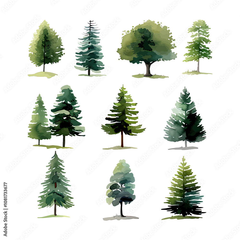 Obraz premium Pine tree set. Watercolor hand drawn illustration isolated on white background.