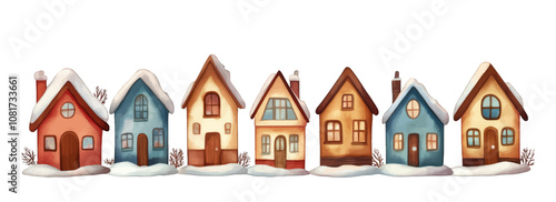 Winter village houses. Cottage houses in snow. Vector illustration.