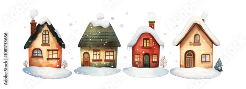 Winter village houses. Cottage houses in snow. Vector illustration.