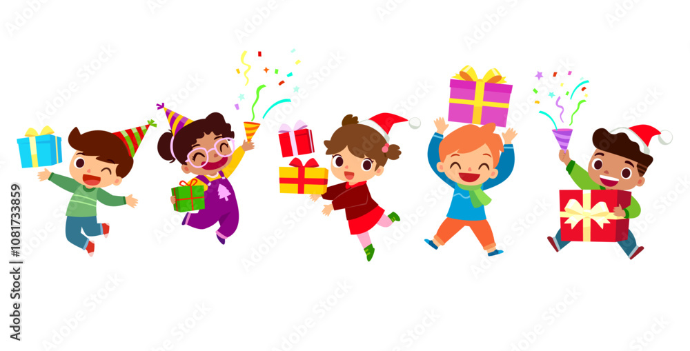 set of kids celebrating with gift box set of kids celebrating with gift box