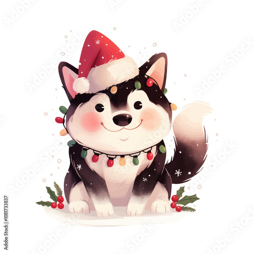 Christmas greeting card with cute cartoon siberian husky and christmas wreath. 