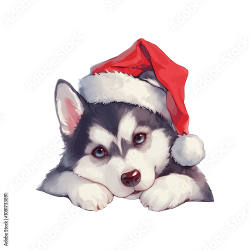 Christmas greeting card with cute cartoon siberian husky and christmas wreath. 