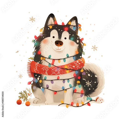 Christmas greeting card with cute cartoon siberian husky and christmas wreath. 