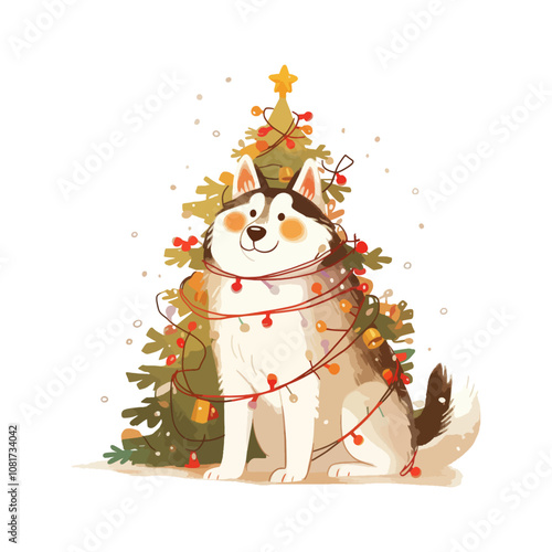 Christmas greeting card with cute cartoon siberian husky and christmas wreath. 