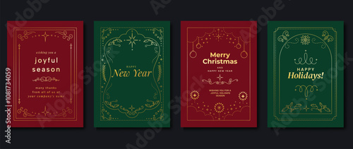 Christmas frame luxury happy holidays invitation card design vector set. Happy New Year card with holly leaves, bauble, snowflake on green and red background. Design for Season's Greeting, cover.