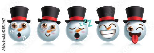 Snowman emoji characters vector set. Christmas snow man emojis clip art character in happy, smiling, sleepy, naughty and winking facial expression wearing hat elements. Vector illustration christmas 
