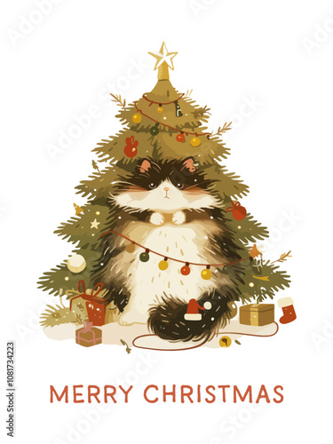 Christmas greeting card with cute cat and christmas wreath