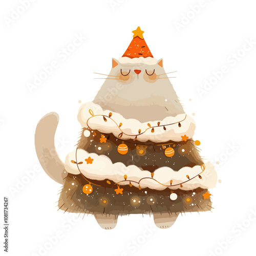 Christmas greeting card with cute cat and christmas wreath