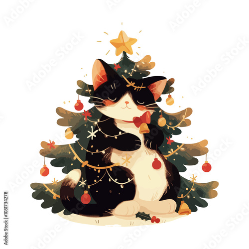 Christmas greeting card with cute cat and christmas wreath
