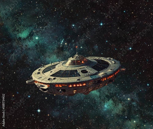 Alien ship against retro space background