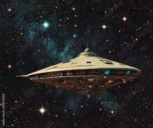 Alien ship against retro space background