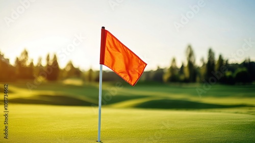 A golf flagstick with bright flag fluttering, outdoor setting on a green, Serene style photo