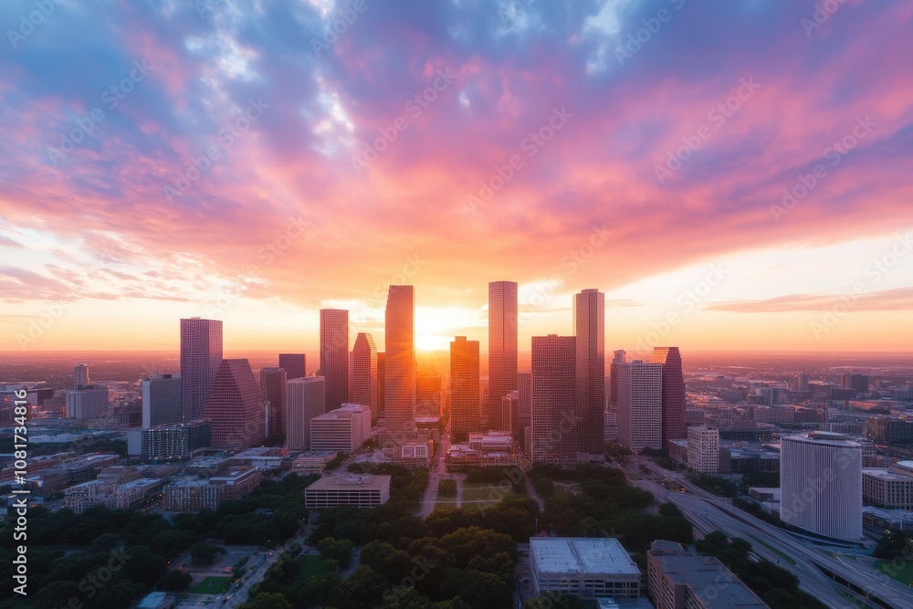 Fototapeta premium Stunning cityscape with skyscrapers at sunset