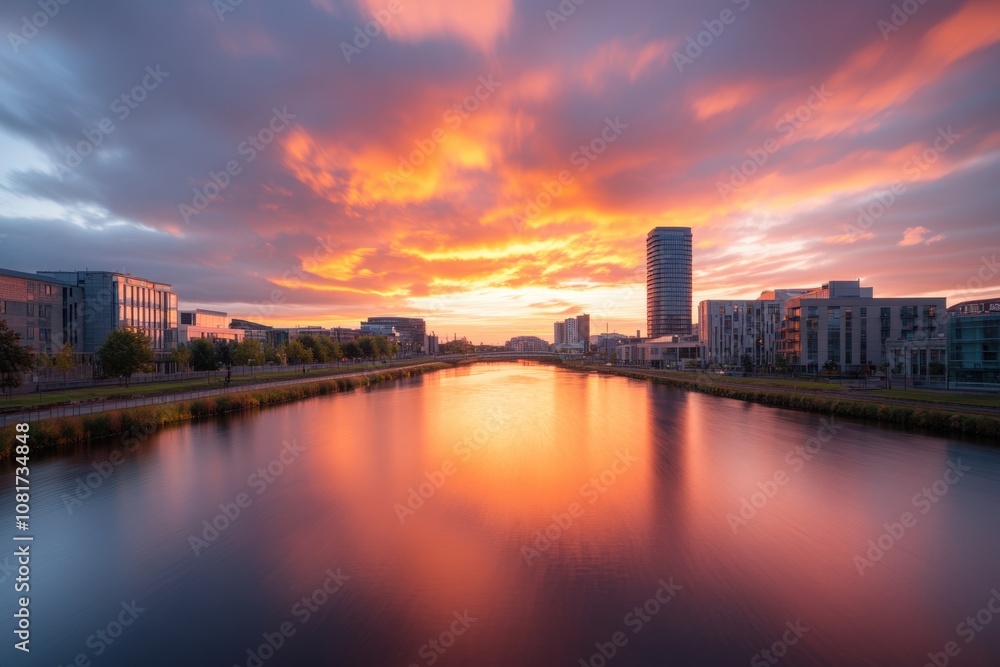 Fototapeta premium Breathtaking sunset over a modern city skyline and waterway
