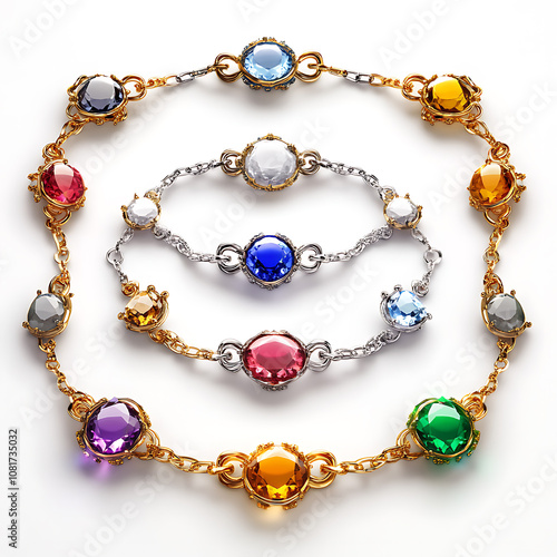 Colorful and elegant gemstone jewelry displayed in intricate designs on a white background