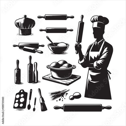 Baker with Rolling silhouette vector. Bakery items and rolling pin icon vector isolated on a white background