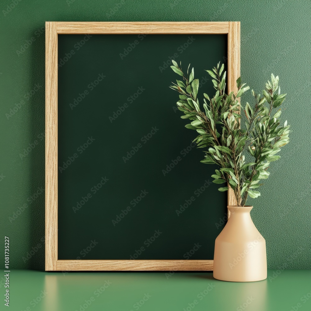 Wooden frame with green leaves and minimalist vase on green background Wooden frame with green leaves and minimalist vase on green background