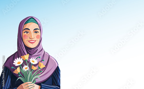 Design for muslim women holidays, World hijab day,  1 February, Emiriti woman day. Papercut style, girl with hijab photo