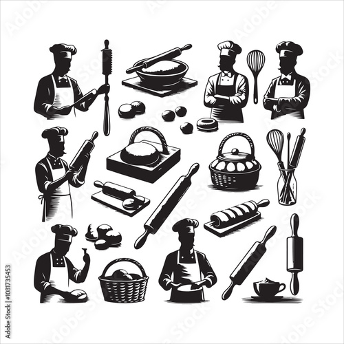 Baker with Rolling silhouette vector. Bakery items and rolling pin icon vector isolated on a white background