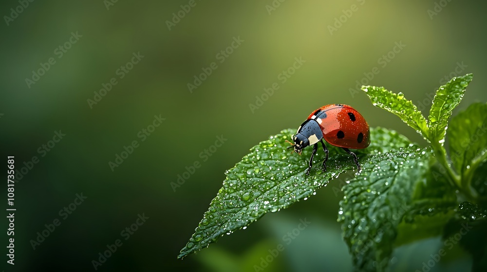 Close-up macro photograph of a ladybug resting on a dewy green leaf, showcasing vibrant colors and detailed textures in a natural setting. Close-up macro photograph of a ladybug resting on a dewy green leaf, showcasing vibrant colors and detailed textures in a natural setting.