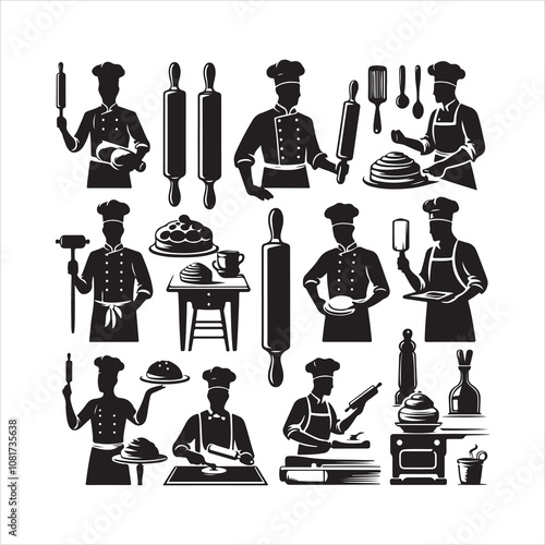 Baker with Rolling silhouette vector. Bakery items and rolling pin icon vector isolated on a white background