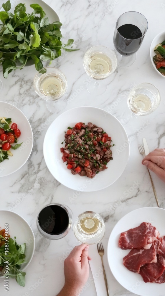 A dining table set with various dishes, wine, and fresh ingredients for a meal. A dining table set with various dishes, wine, and fresh ingredients for a meal.