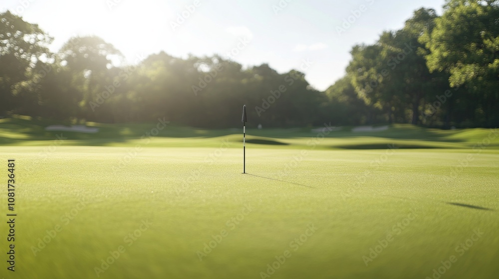 Obraz premium A golf green with a focus on the flagstick and grass texture, outdoor setting with natural lighting, Elegant style