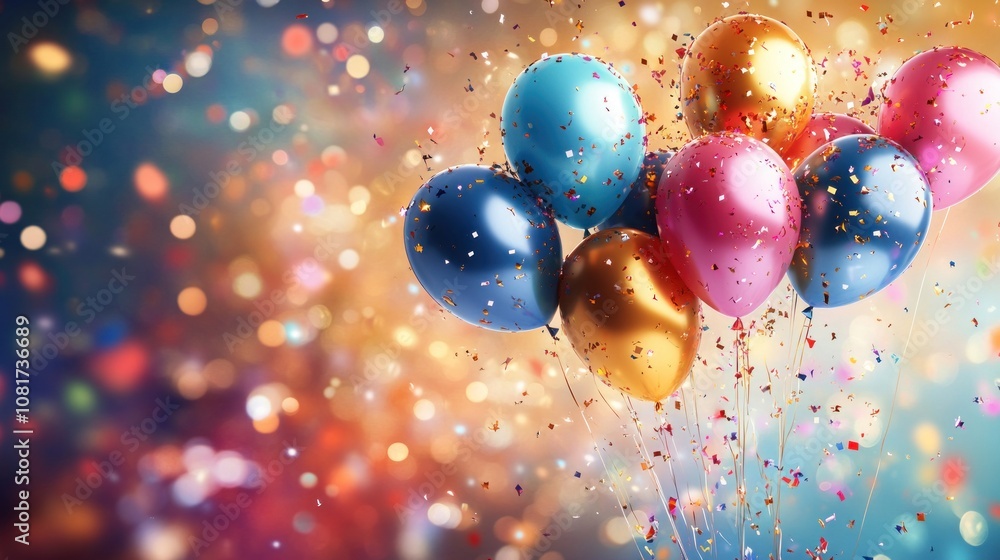 A group of colorful balloons with confetti floating in the air against a blurred background. A group of colorful balloons with confetti floating in the air against a blurred background.