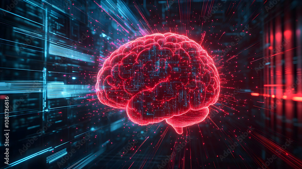 Digital Brain Processes Data Streams in a Futuristic 3D Abstract Background Digital Brain Processes Data Streams in a Futuristic 3D Abstract Background