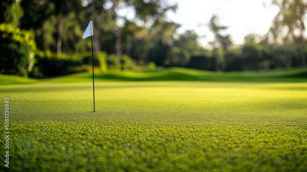Obraz premium A golf green with a focus on the grass and hole, outdoor setting with natural daylight, Elegant style
