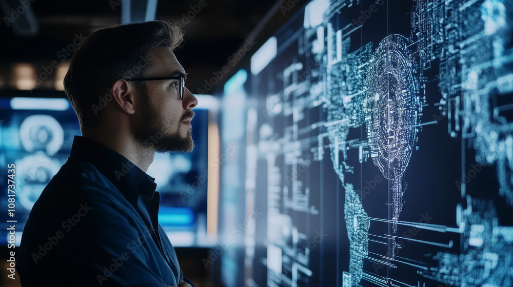 Fototapeta premium An AI ethics consultant auditing IT systems to identify potential risks related to automation and user data, ensuring compliance with global standards