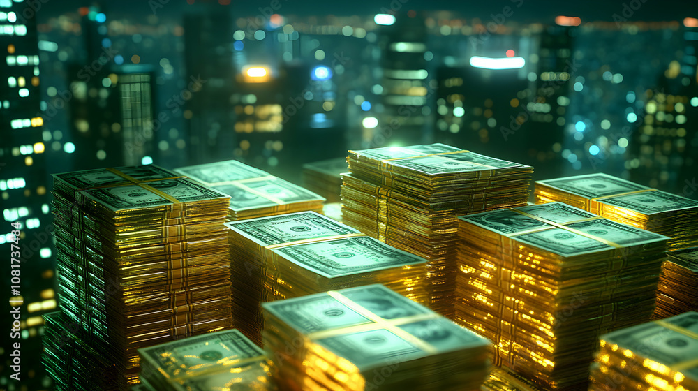 Stacks of Gold-Wrapped Currency Shine Bright Against a City Nightscape Stacks of Gold-Wrapped Currency Shine Bright Against a City Nightscape
