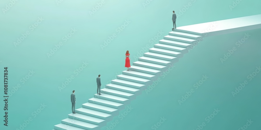 Fototapeta premium Business Progress Illustration with Figures on White Staircase Against Teal Background