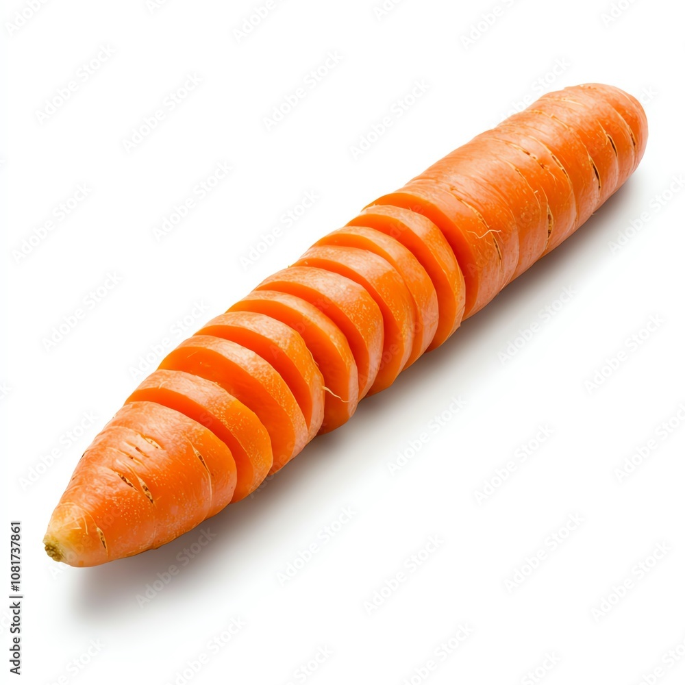 Freshly sliced orange carrot displayed on a white background, perfect for healthy eating concepts and recipes. Freshly sliced orange carrot displayed on a white background, perfect for healthy eating concepts and recipes.