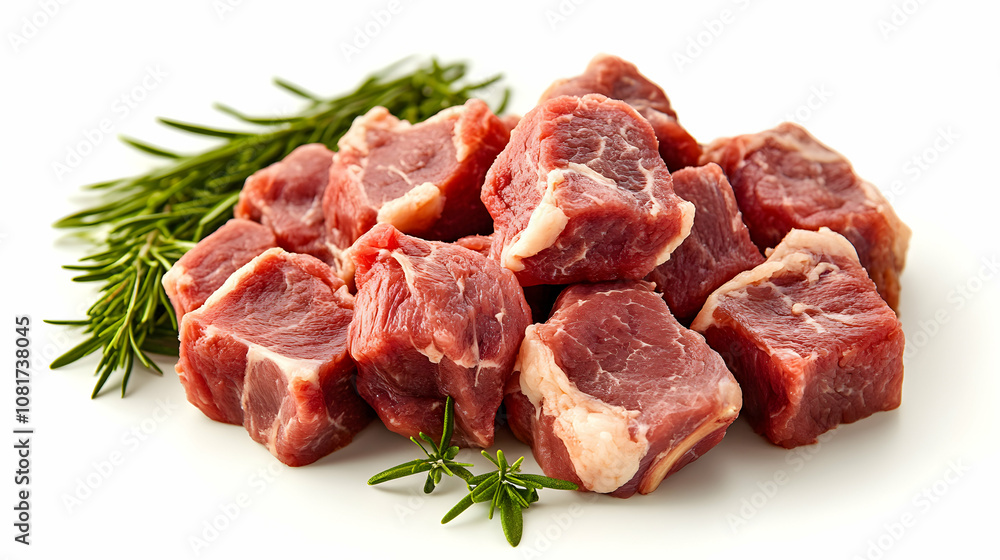 Raw Beef Cubes Garnished with Rosemary Sprigs, Ready for Cooking Raw Beef Cubes Garnished with Rosemary Sprigs, Ready for Cooking
