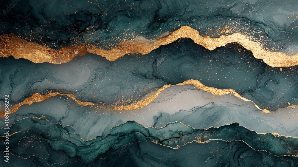 Abstract design featuring flowing teal and gold waves with a luxurious feel. Abstract design featuring flowing teal and gold waves with a luxurious feel.