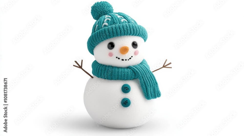 Cheerful snowman wearing a teal knit hat and scarf