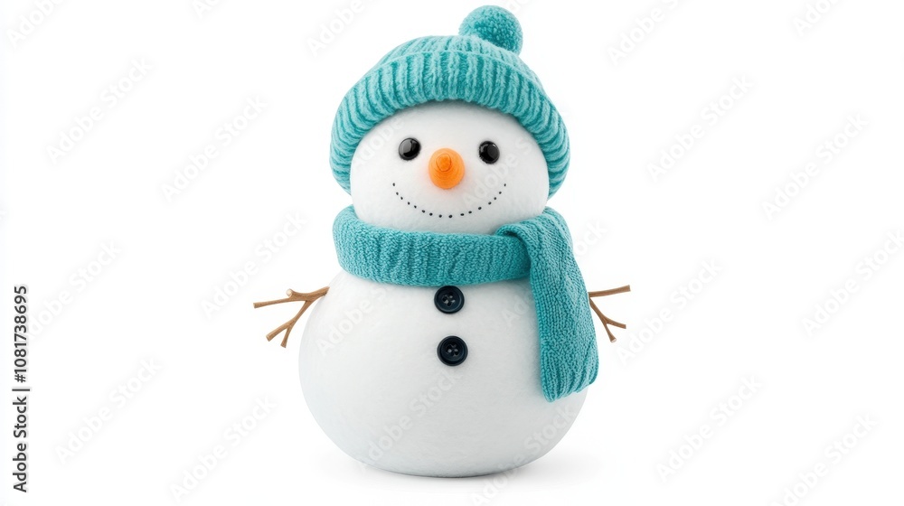 Cheerful snowman wearing a cozy teal scarf and hat Cheerful snowman wearing a cozy teal scarf and hat