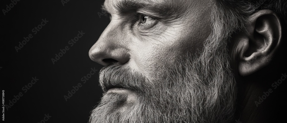 Close-up portrait of a weathered, bearded man with a pensive expression Close-up portrait of a weathered, bearded man with a pensive expression