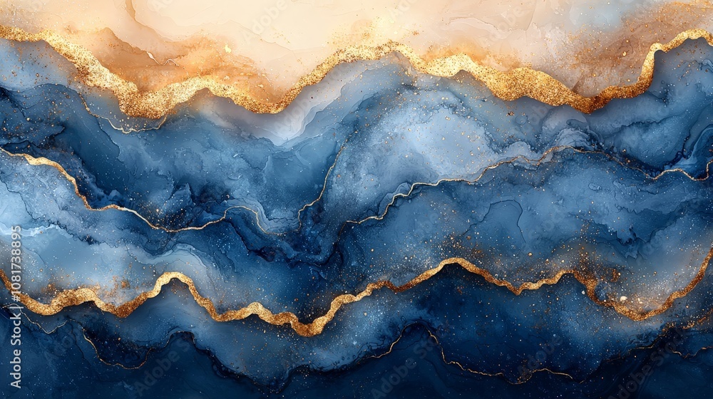 Abstract design featuring flowing waves of blue and gold colors. Abstract design featuring flowing waves of blue and gold colors.