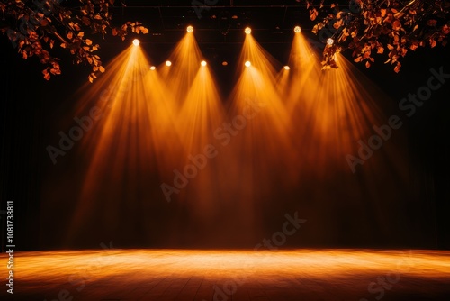 Stage performance concept. A grand stage illuminated by vibrant spotlights, with intricate props setting the scene for a theatrical performance photo